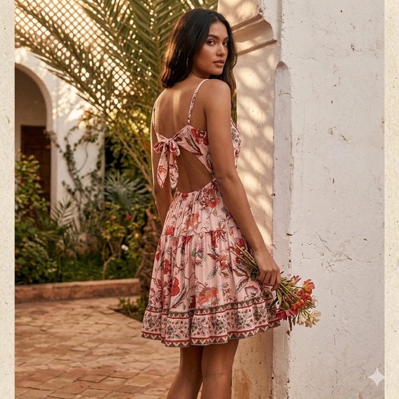 Angie Dresses & Skirts - Angie Boho Floral Cutout Mini Dress Pink M Summer Festival Cottagecore Beach